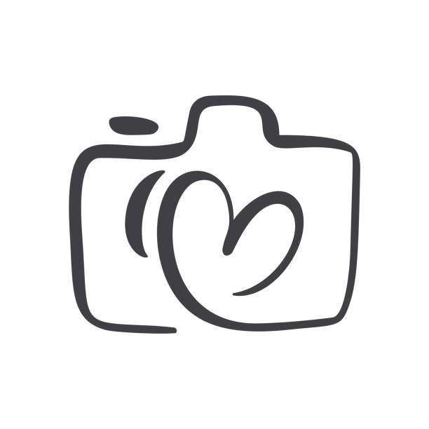 ilustraciones, imágenes clip art, dibujos animados e iconos de stock de cámara de pincel caligráfica con concepto de diseño gráfico de corazón, conjunto de vectores de logotipo. icono de la foto gráfica de la tarjeta de san valentín - photographer