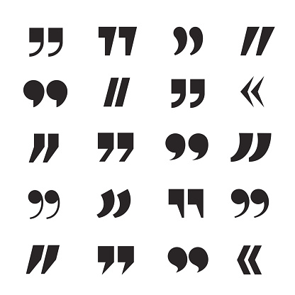 Quotation marks black and white glyph icons set. Speech punctuation and double quotes monochrome symbols collection isolated on white background. Text excerption typography marking