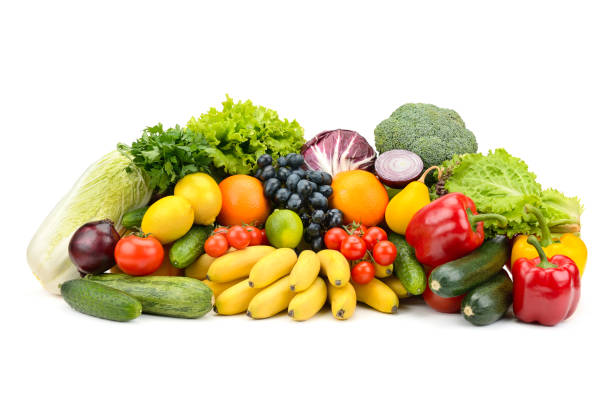 diferentes frutas y verduras saludables multicolores - plátano fruta tropical fotos fotografías e imágenes de stock