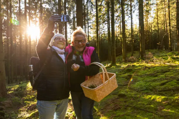 Two senior ladies are taking selfies in the forest during springtime. They are taking a break from mushroom picking and are holding a basket.