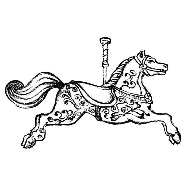 Vintage print style merry go round horse. Detailed black and white vintage vector illustration of a carousel horse.