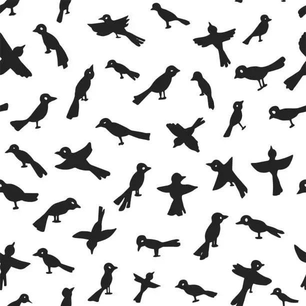 Vector illustration of Seamless vector black birds pattern. Stylish fashionable animal print. Crow print background for fabric, textile, design, advertising banner.