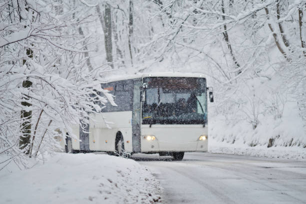 bus blanc sur le chemin de montagne de neige - snow car winter road photos et images de collection