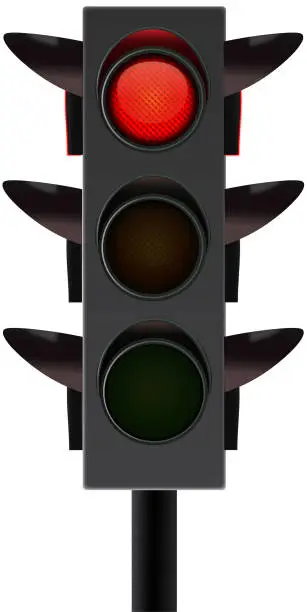 Vector illustration of Isolated traffic light . Red signal light switch on.