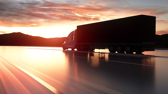 Semi trailer. Truck on the road, highway. Transports, logistics concept. 3d rendering.
