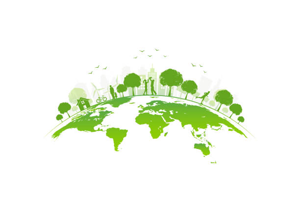 ökologiekonzept mit grüner stadt auf erden, weltumwelt und nachhaltiges entwicklungskonzept, vektorillustration - nachhaltigkeit stock-grafiken, -clipart, -cartoons und -symbole