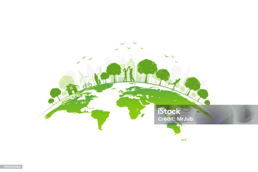 Ekologikoncept med grön stad på jorden, Världsmiljö och koncept för hållbar utveckling, vektorillustration - Royaltyfri Hållbara resurser vektorgrafik