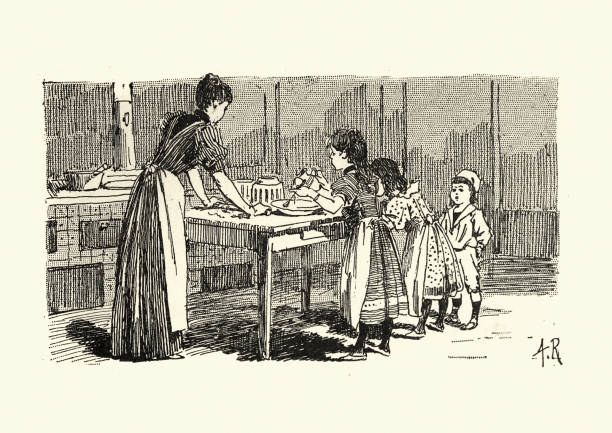 illustrations, cliparts, dessins animés et icônes de mère cuisinant avec ses enfants, faisant des gâteaux, victorien, 19ème siècle - retro revival baking domestic kitchen food