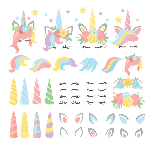 Unicorn elements flat vector illustrations set. Girly, childish stickers isolated pack. Magical horse with horn and stripy multicolor hair constructor kit. Eyelashes, ears, flowers, stars. Unicorn elements flat vector illustrations set. Girly, childish stickers isolated pack. Magical horse with horn and stripy multicolor hair constructor kit. Eyelashes, ears, flowers, stars unicorn face stock illustrations