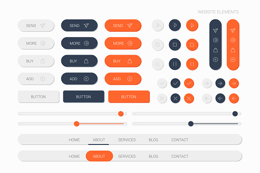 orange web elements with navigation, buttons, icons for use on the site