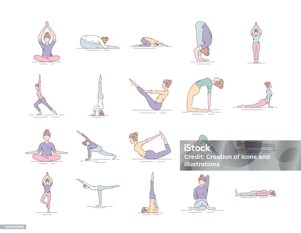 Yoga Color Line Icons Set Different Yoga Poses And Asanas ...