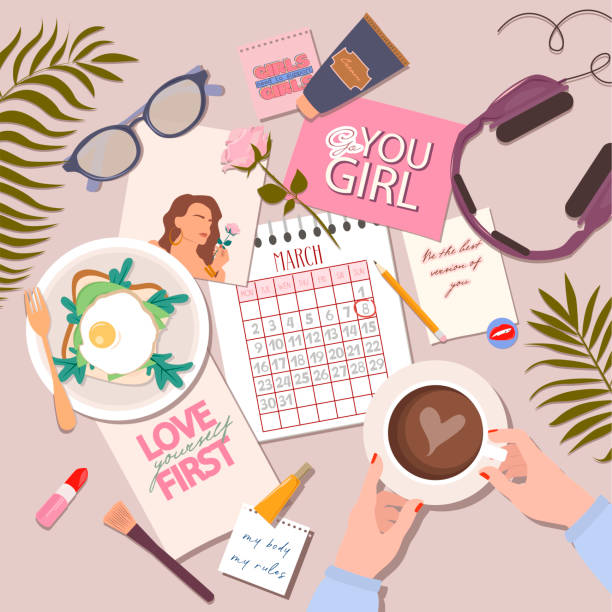 ilustrações de stock, clip art, desenhos animados e ícones de women's business layout. flat lay desk style - coffee top view