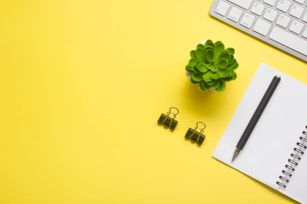 istock Office desk table with supplies. Flat lay Business workplace and objects. Top view. Copy space for text 1205304148