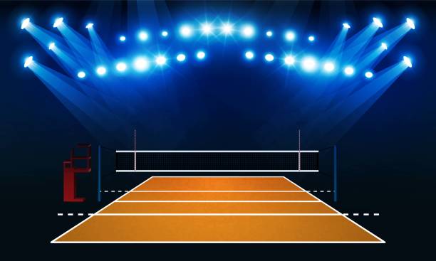 istock Volleyball court arena field with bright stadium lights vector design. 1205304594