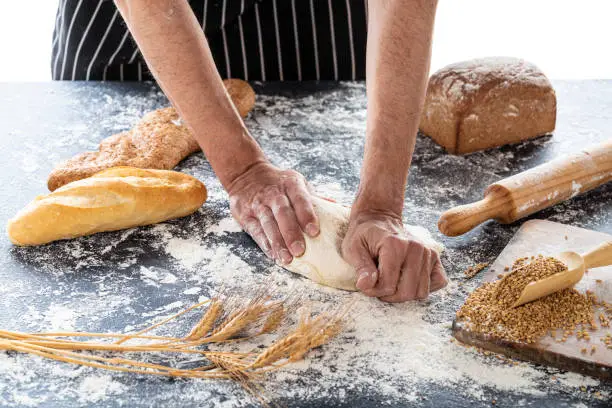 Photo of Baker man hands breadmaking kneading bread