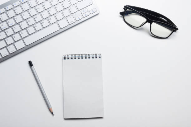istock Office desk table with supplies. Flat lay Business workplace and objects. Top view. Copy space for text 1205304724