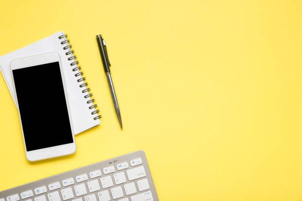 istock Office desk table with supplies. Flat lay Business workplace and objects. Top view. Copy space for text 1205305537