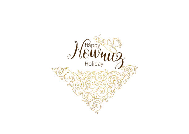 Nowruz greeting card. March equinox. Novruz, Navruz. Springtime Vector Happy Nowruz Holiday greeting card. Banner with lettering, bird, floral for holidays spring celebration. Novruz. Navruz. March equinox. Iranian, Persian New Year. Golden label. Springtime first day of spring stock illustrations