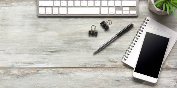 Office desk table with supplies. Flat lay Business workplace and objects. Top view. Copy space for text.