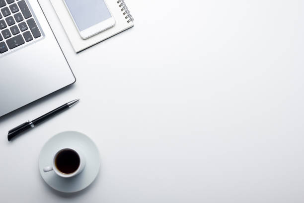 istock Office desk table with supplies. Flat lay Business workplace and objects. Top view. Copy space for text 1205305956