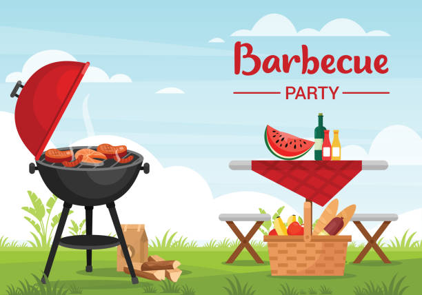 Barbeque party outdoors colorful flat vector illustration Barbeque party outdoors colorful flat vector illustration. Bbq banner template with typography. Picnic basket with fruits and baguette.Grill with meat and fish. Family recreation on fresh air picnic stock illustrations