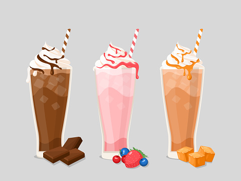 Milk cocktail flat vector illustrations set. Tasty drinks with whipped cream and ice cubes isolated pack on white. Sweet beverages with chocolate, strawberry and caramel flavors collection