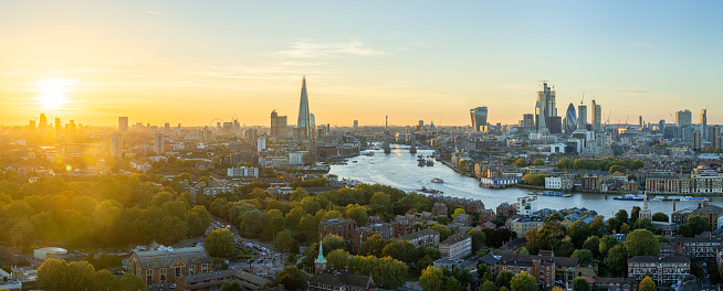 Aerial panoramic view of the City of London at sunset