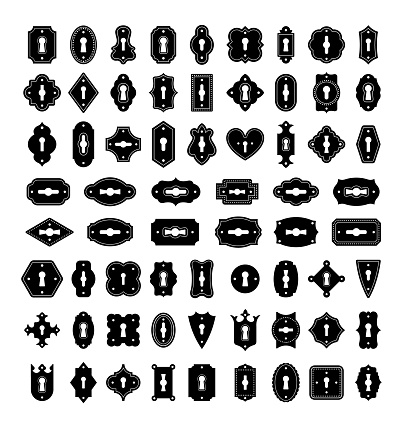 Keyhole silhouettes. Old house door elements, vintage lock keyholes frames for retro key silhouette icon vector set. Collection of elegant decorative antique and modern keyways of various shapes