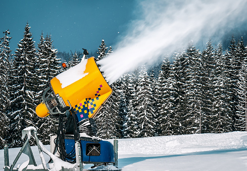 Snow cannon in action at ski resort