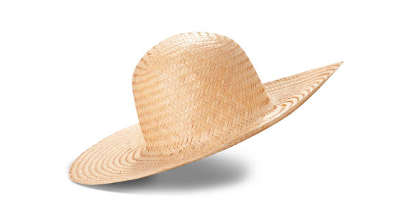 istock Pretty straw hat with ribbon and bow on white background. Beach hat top view isolated 1205312720