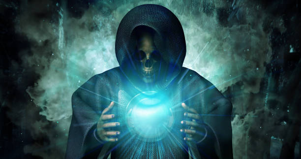 istock Witch which have skull face hold spirit black magic by both hand with abstract smoke background, Days of the Dead concept. 1205313388