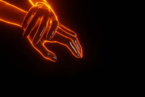 istock Close up view of hand grabbing hand with light fire glowing 3D effect. Helping each other concept. 1205314389