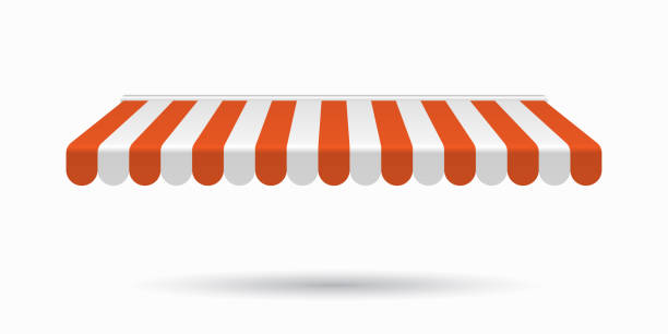 istock Awning canopy for shops, cafes and street restaurants. Striped red and white sunshade. Vector illustration. Outside canopy from the sun. 1205315315