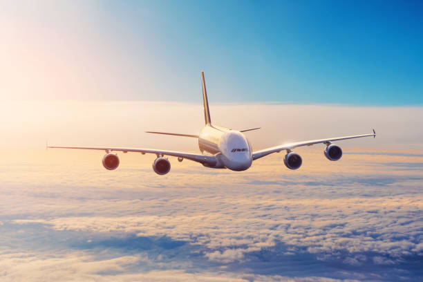 istock Shiny big plane in the sky above the clouds before sunset. 1205315955