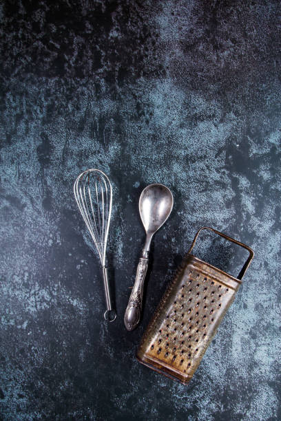 istock Vintage kitchen set on a grundge blue background 1205316829