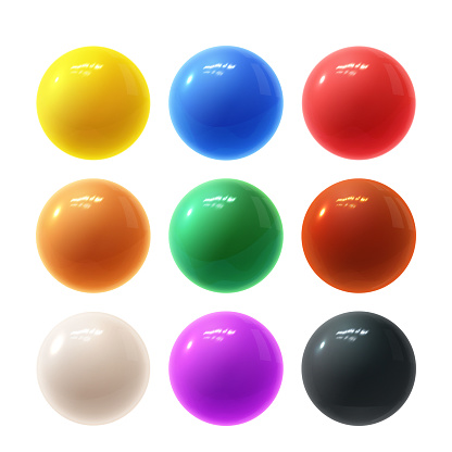 Realistic modern vector set of colorful shiny glossy plastic balls with glare reflections and shadows isolated on a white background.