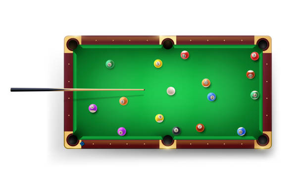 istock American  Pool table with pool cue and glossy balls and other equipment. Vector realistic 3D detailed colorful illustration. 1205317096