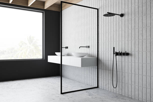 istock Loft bathroom corner with sink and shower 1205317785
