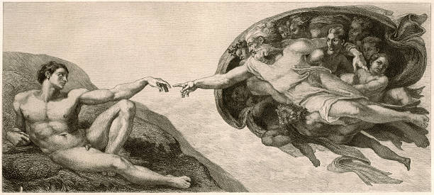 The Creation of Adam by Michelangelo, Sistine Chapel, Vatican, c.1508/12 Scene from the famous frescoes of the Sistine Chapel in the Vatican by Michelangelo Buonarroti. Original etching by F. Boettcher, published in 1884. adam and eve painting stock illustrations