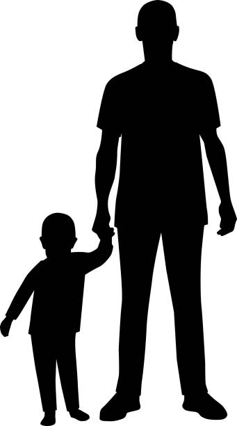 Silhouette. Father and holds son hand vector art illustration