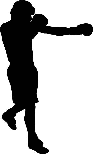 Silhouette of a striking boxer with boxing gloves vector art illustration