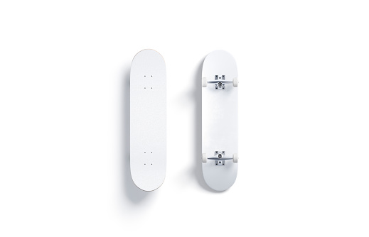 Blank white wood skateboard mockup, front and back side, 3d rendering. Empty plywood skateboarder for freestyle skill mock up, top view, isolated. Clear deck for street sport mokcup template.
