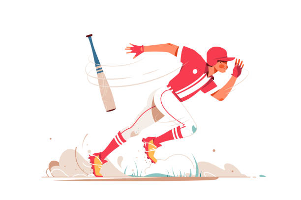 Professional baseball player running after ball Professional baseball player running after ball vector illustration. Falling bat on sand ground flat design. Summer sports and team game concept. Isolated on white baseball batter swinging stock illustrations