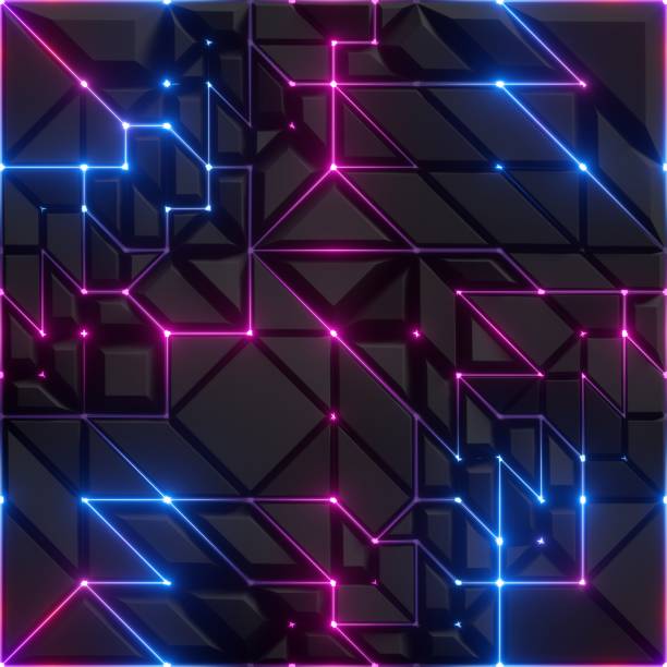 istock 3d render, abstract black faceted background, pink blue glowing neon lines, geometric structure, modern fashion texture, cyber network concept 1205328847