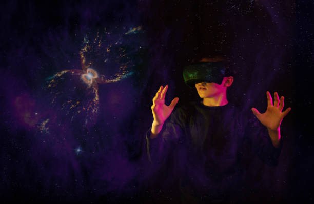 istock Child exploring virtual reality, admires the space around him. VR headset 1205328958