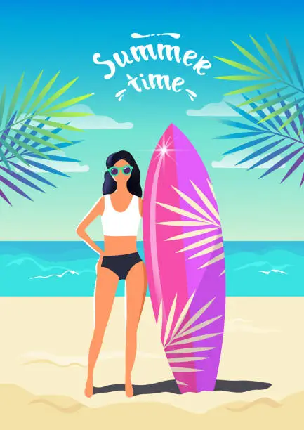 Vector illustration of Girl with a surf on a tropical beach.