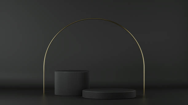istock 3d render, abstract minimalist black background. Empty cylinder podium, vacant pedestal, round stage, showcase stand, product display, blank board, expo platform. Copy space. Modern premium design 1205329220