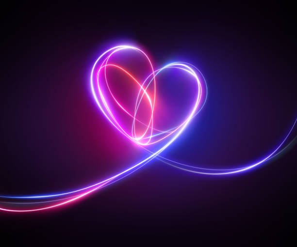 紫色のピンクネオンライトの描画。抽象的な心臓の落書きは黒い背景に隔離された。輝く単一のラインアート。現代の最小限の概念。バレンタインデーのお祝いのイラスト。コピースペース - heart shape valentines day vibrant color bright ストックフォトと画像