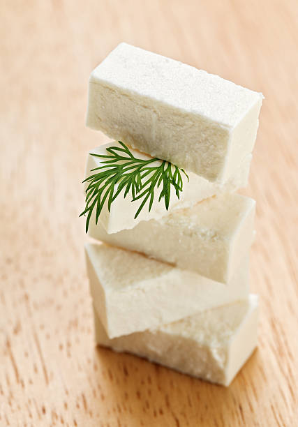 Feta cheese cubes with dill twig stock photo