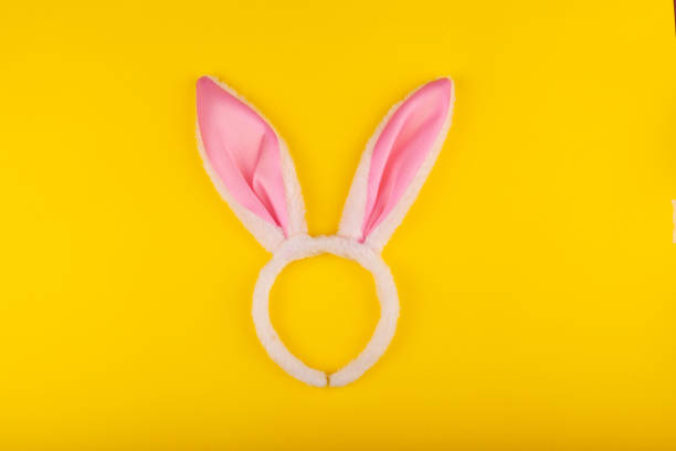 istock Rabbit ears to play with. Top view. Isolated on a yellow background. Preparing for Easter 1205334635